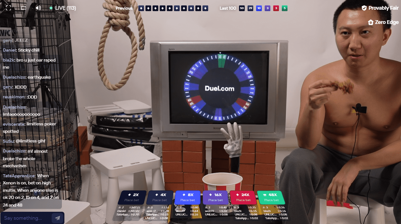 Castle Roulette game interface showing unique hosts, multiplier betting options (2x, 4x, 8x, 16x, 24x, 48x), and interactive live chat