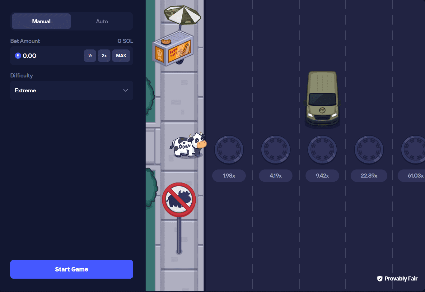 Duel Beef game interface showing the traffic crossing gameplay with moving vehicles, difficulty settings, and multiplier display