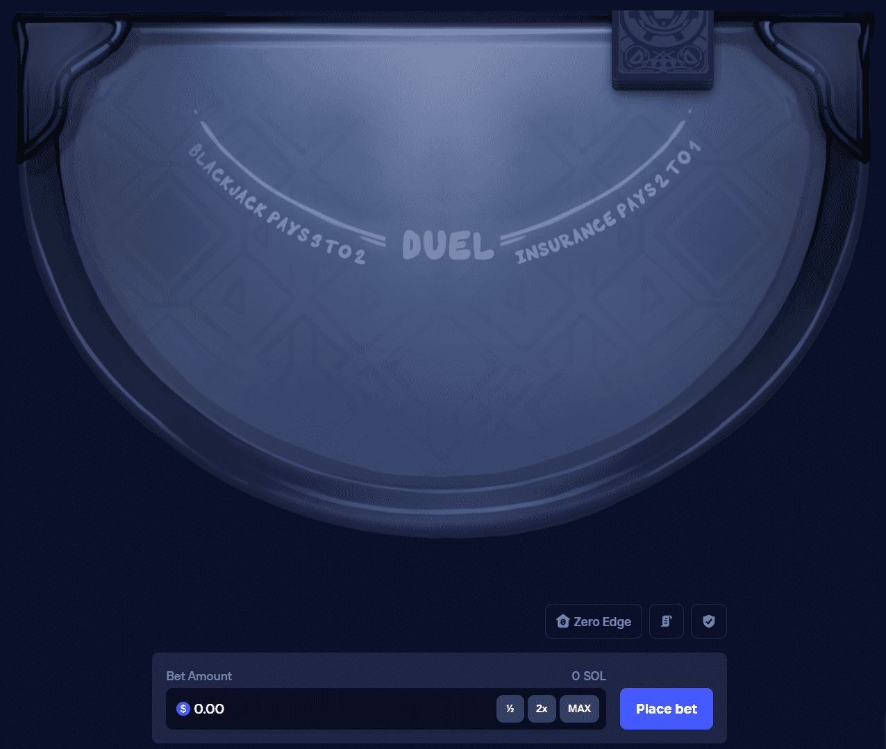 Duel Blackjack game interface showing the playing table, bet amount controls, and action buttons for hit, stand, double, and split