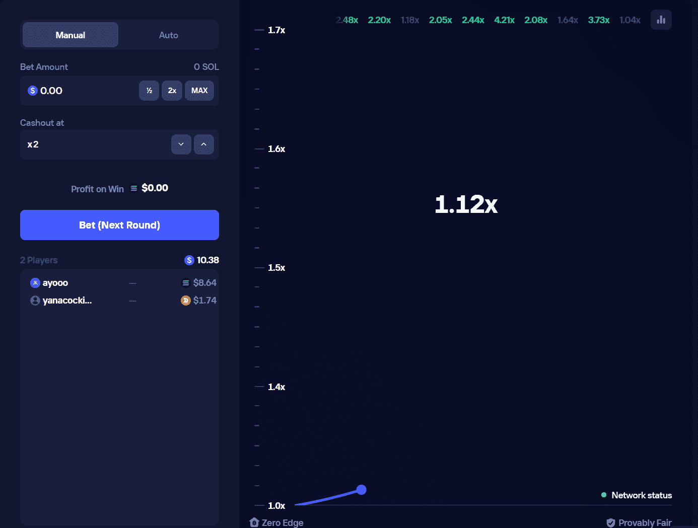 Duel Crash game interface showing multiplier graph, cashout controls, bet amount settings, and live player activity
