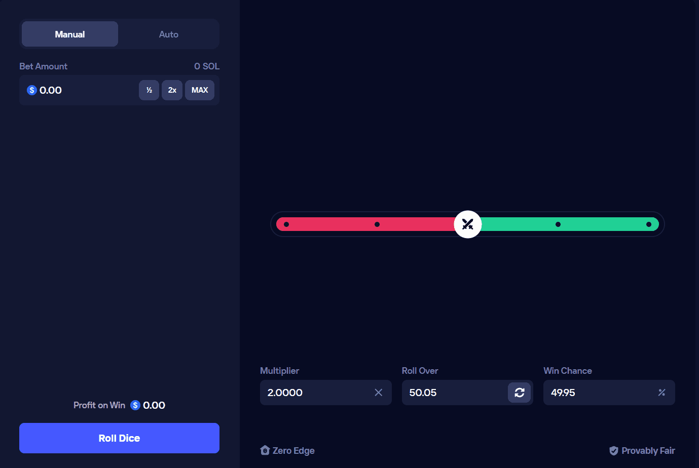 Duel Dice game interface showing slider for multiplier and roll over percentage selection, bet amount controls, and win chance calculator
