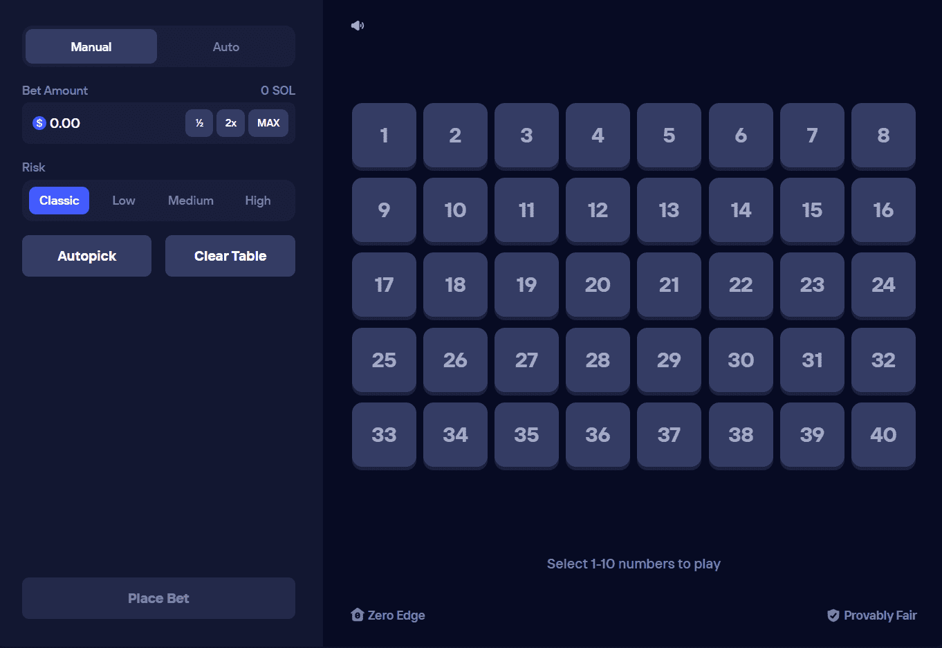 Duel Keno game interface showing the 40-number selection board, number of picks selector, bet controls, and payout table