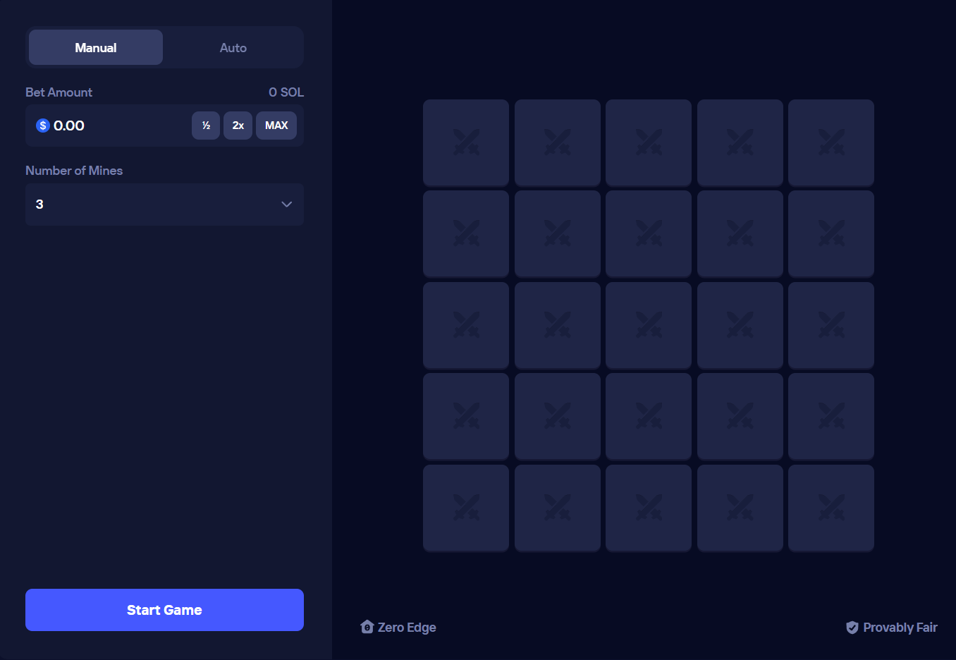 Duel Mines game interface showing the 5x5 tile grid, mine count selection, cash out button, and current multiplier display