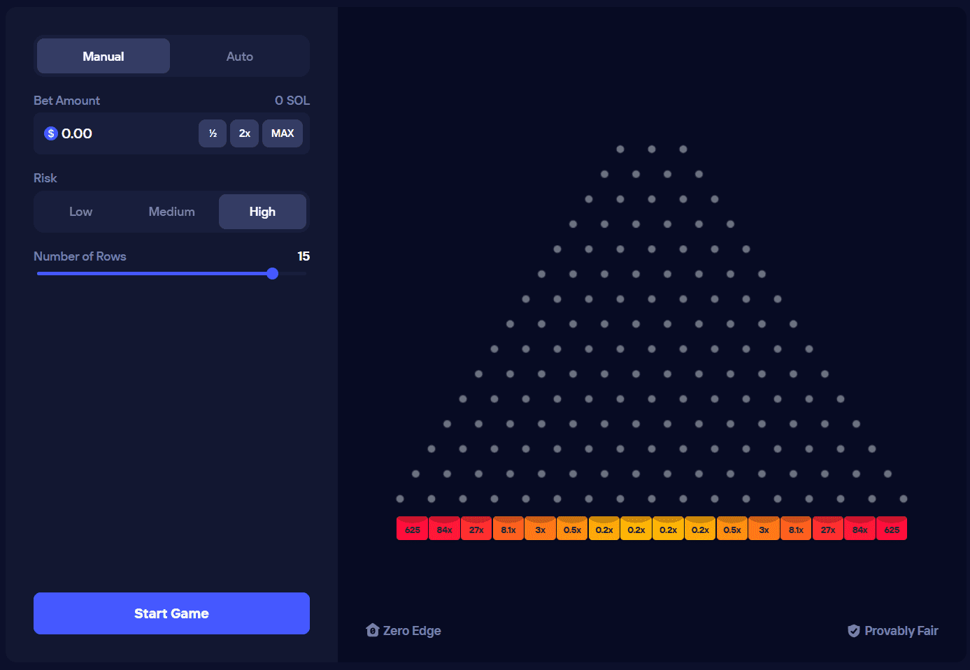 Duel Plinko game interface showing the peg board with multiplier slots, risk level selection, row count adjustment, and betting controls