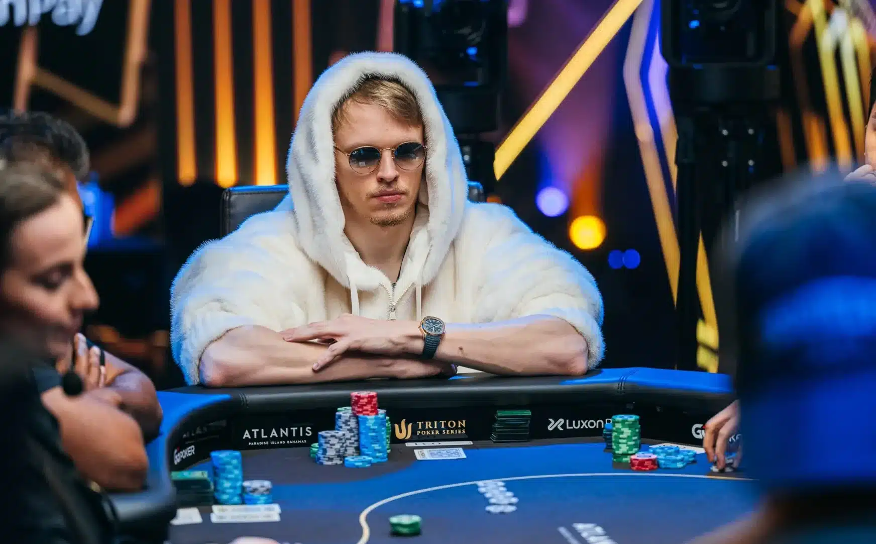 Ossi Ketola during $12.7 million poker hand at Triton Jeju showing King-Jack versus Alex Foxen