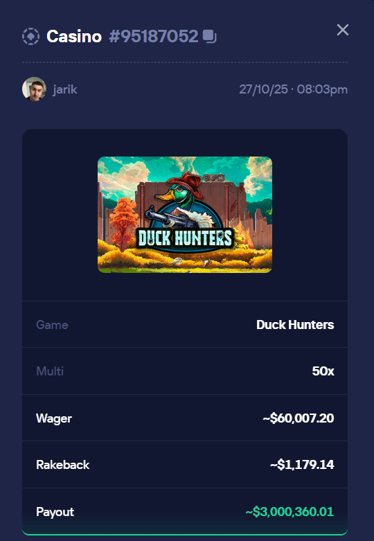 Duel Casino $3,000,360.01 Duck Hunters win screenshot - 50x multiplier by jarik on 27/10/25