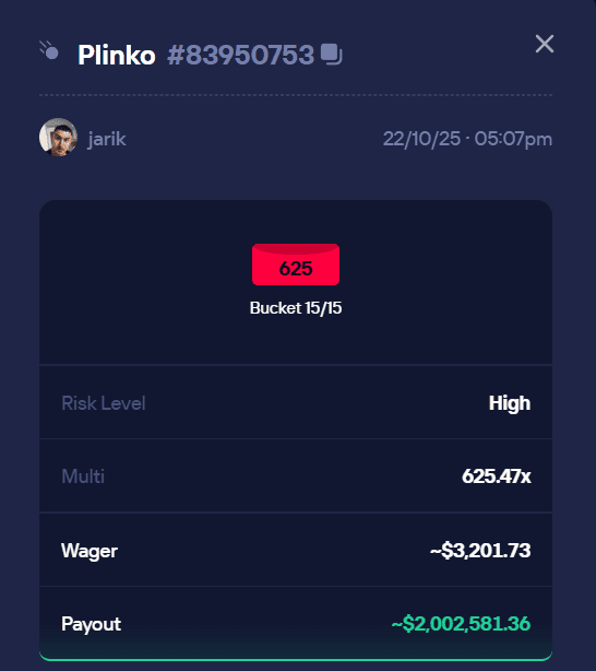 Duel Casino $2,002,581.36 Plinko win screenshot - 625.47x multiplier by jarik on 22/10/25