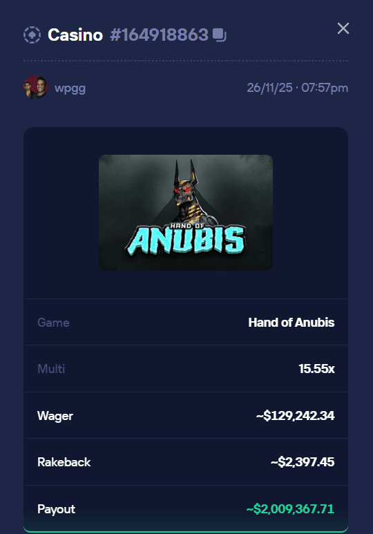 Duel Casino $2,009,367.71 Hand of Anubis win screenshot - 15.55x multiplier by wpgg on 26/11/25