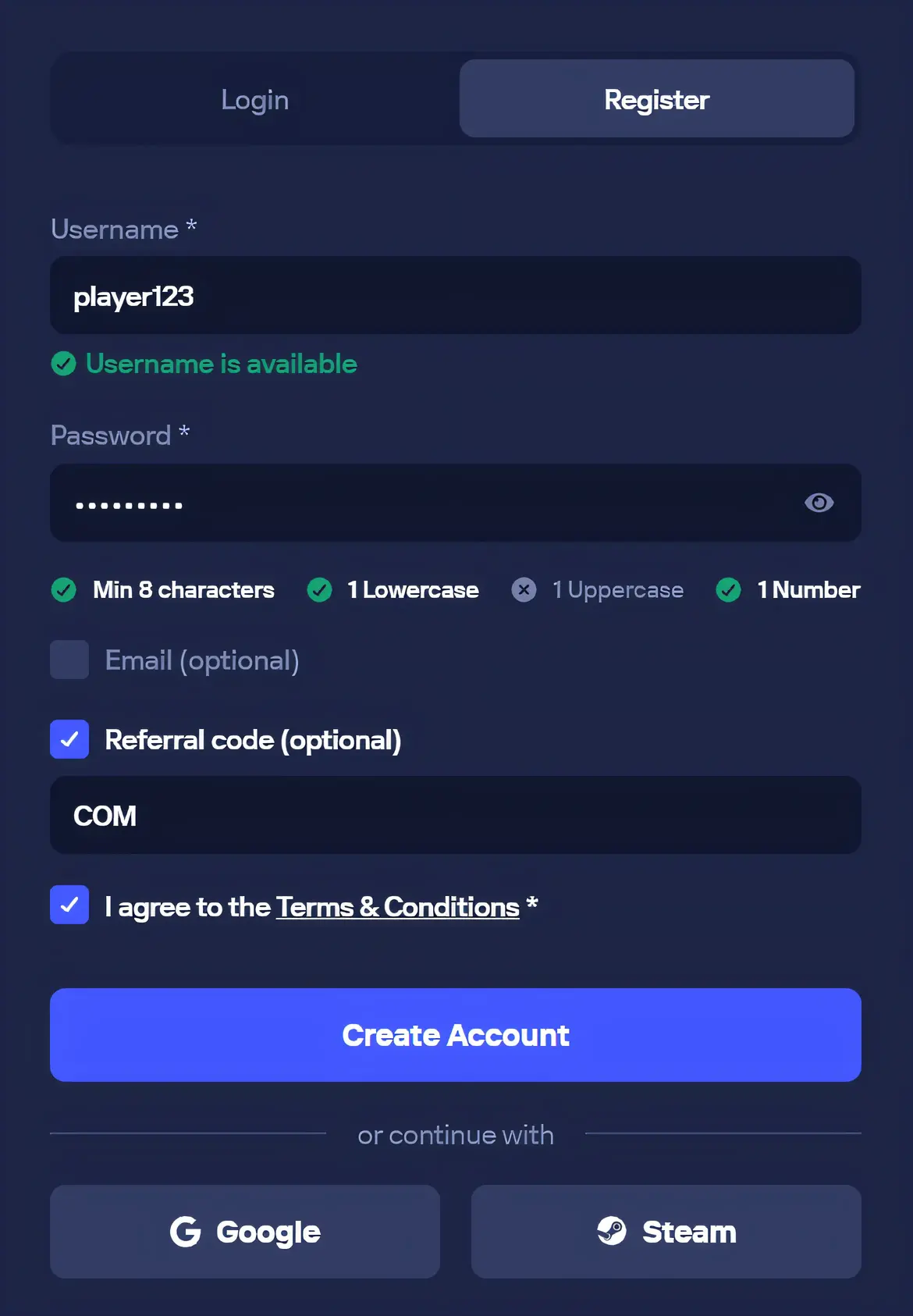 Duel Casino registration form with referral code COM field highlighted, showing username player123, password requirements, and 50% rakeback activation