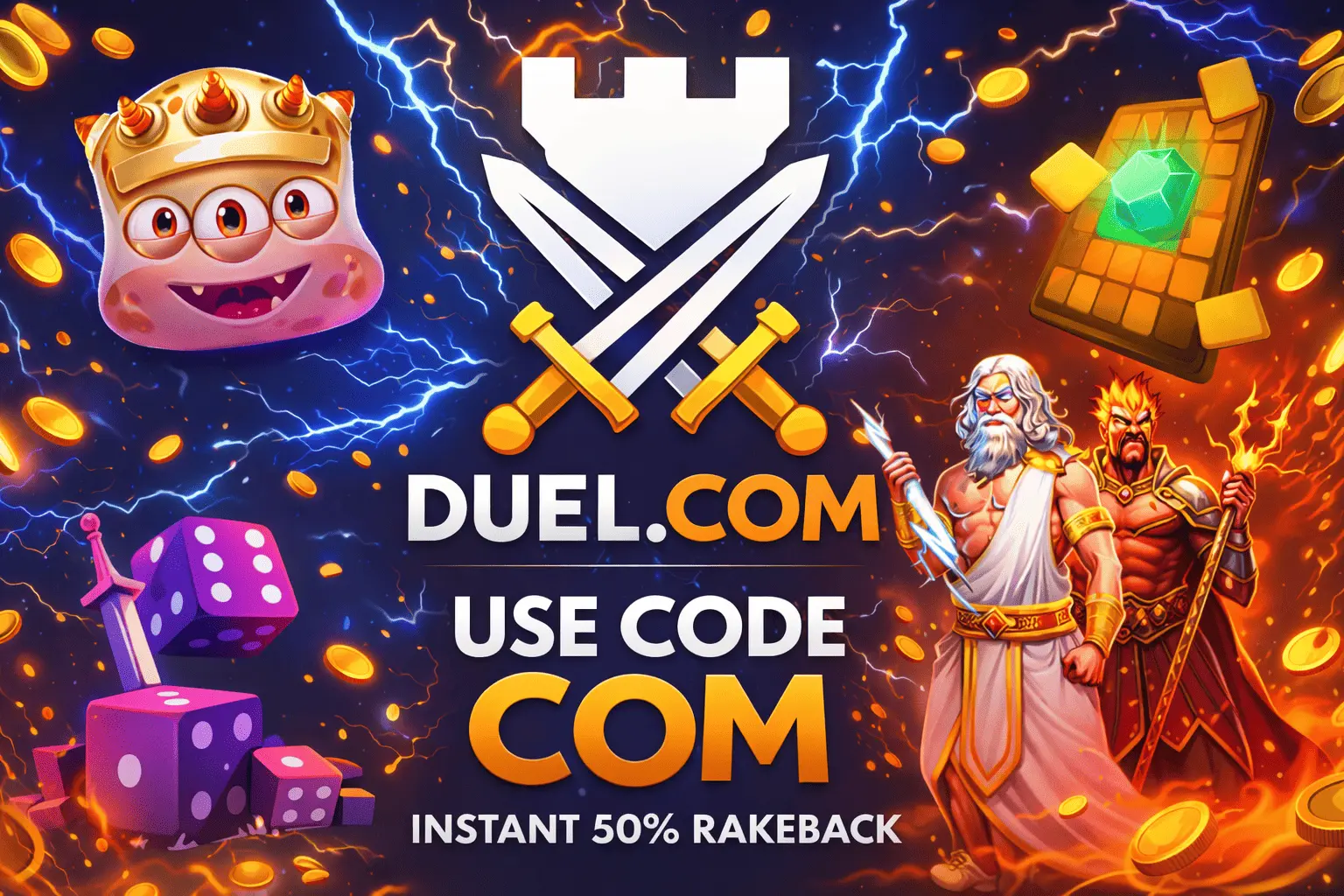 Duel Casino bonus code COM promotional banner showing 50% instant rakeback offer with Duel.com branding and game characters