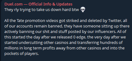 Duel Casino Telegram statement detailing the coordinated mass reporting and content deletion