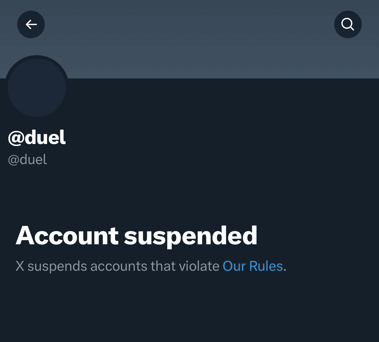 Screenshot of the suspended @duel Twitter account showing account violation message